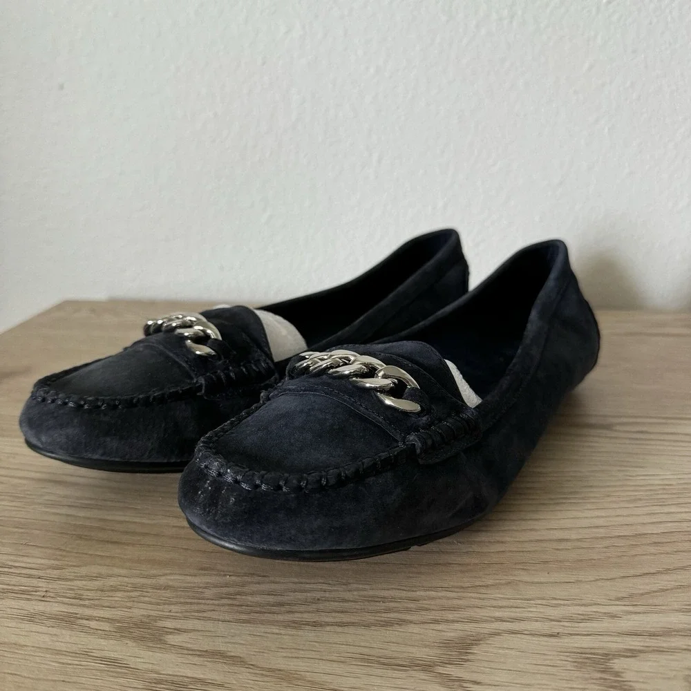 Vionic Mesa Navy Blue Suede Slip On Comfort Loafers‎ Chain Womens Size 9.5 Wide